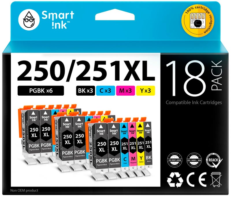 Smart Ink Compatible Ink Cartridge Replacement for Canon PGI 250 PGI-250 XL CLI 251 CLI-251 (6PGBK &3BK/C/M/Y 18 Pack Combo) for Pixma MG5420 MG5422 MG5520 MG5522 MG5620 MG6620 iP7220 iX6820 MX722 - Image 1